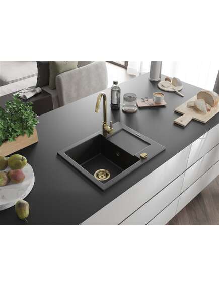 Mexen Enzo zlewozmywak granitowy 1-komorowy z ociekaczem 576 x 465 mm, czarny/srebrny metalik, syfon złoty - 6506571005-73-G, 2 image
