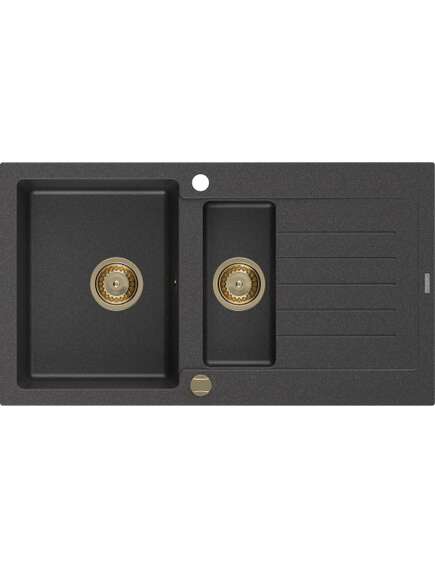 Mexen Matias zlewozmywak granitowy 1,5-komorowy z ociekaczem 900 x 505 mm, czarny nakrapiany, syfon złoty - 6502901505-76-G