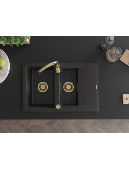 Mexen Gaspar zlewozmywak granitowy 1,5-komorowy z ociekaczem 737 x 475 mm, czarny/srebrny metalik, syfon złoty - 6507731505-73-G, 4 image