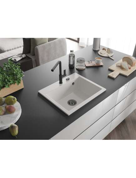 Mexen Oscar zlewozmywak granitowy 1-komorowy 580 x 490 mm, biały, syfon czarny - 6519581000-20-B, изображение 2