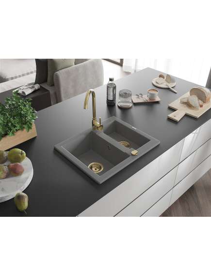 Mexen Carlos zlewozmywak granitowy 1,5-komorowy 582 x 475 mm, szary, syfon złoty - 6518581500-71-G, изображение 2