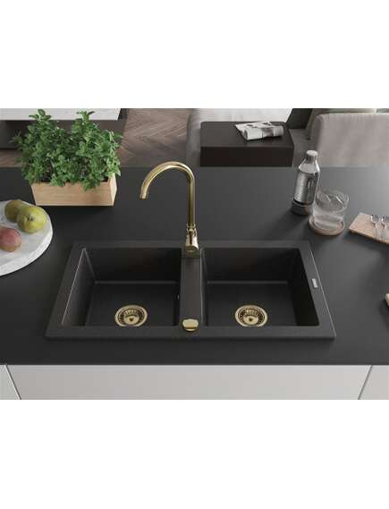 Mexen Mario zlewozmywak granitowy 2-komorowy 820 x 436 mm, czarny/srebrny metalik, syfon złoty - 6504822000-73-G, изображение 3