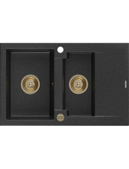 Mexen Gaspar zlewozmywak granitowy 1,5-komorowy z ociekaczem 737 x 475 mm, czarny/srebrny metalik, syfon złoty - 6507731505-73-G