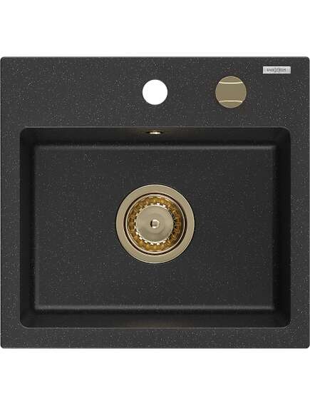 Mexen Milo zlewozmywak granitowy 1-komorowy 435 x 410 mm,  czarny/srebrny metalik, syfon złoty - 6505441000-73-G