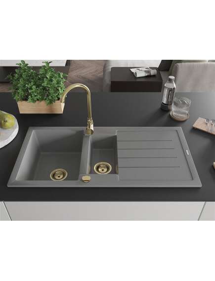 Mexen Andres zlewozmywak granitowy 1,5-komorowy z ociekaczem 1000 x 500 mm, szary, syfon złoty - 6515101510-71-G, изображение 3