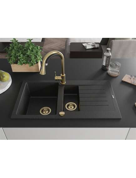 Mexen Matias zlewozmywak granitowy 1,5-komorowy z ociekaczem 900 x 505 mm, czarny/srebrny metalik, syfon złoty - 6502901505-73-G, изображение 3