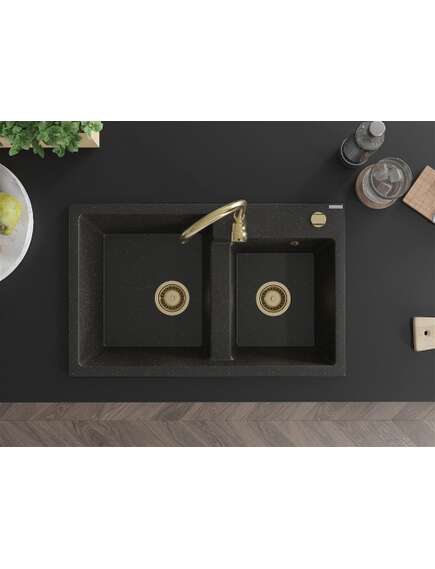Mexen Tomas zlewozmywak granitowy 2-komorowy 800 x 500 mm, czarny/złoty metalik, syfon złoty - 6516802000-75-G, 4 image