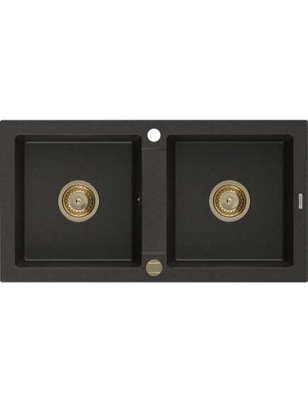 Mexen Mario zlewozmywak granitowy 2-komorowy 820 x 436 mm, czarny/złoty metalik, syfon złoty - 6504822000-75-G