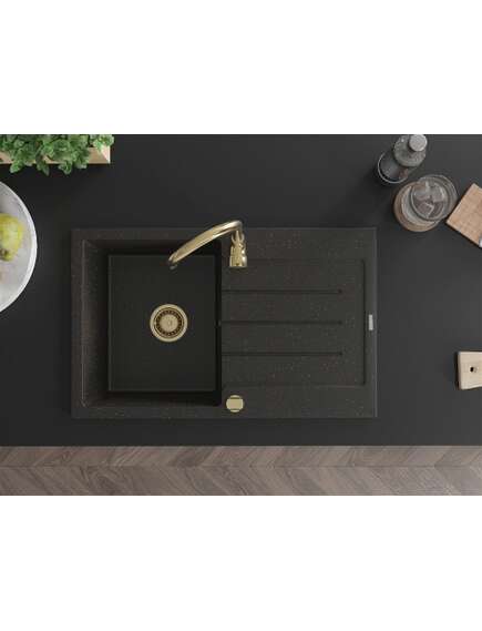 Mexen Bruno zlewozmywak granitowy 1-komorowy z ociekaczem 795 x 495 mm, czarny/złoty metalik, syfon złoty - 6513791010-75-G, изображение 4