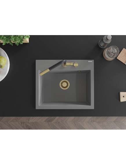 Mexen Oscar zlewozmywak granitowy 1-komorowy 580 x 490 mm, szary, syfon złoty - 6519581000-71-G, 4 image