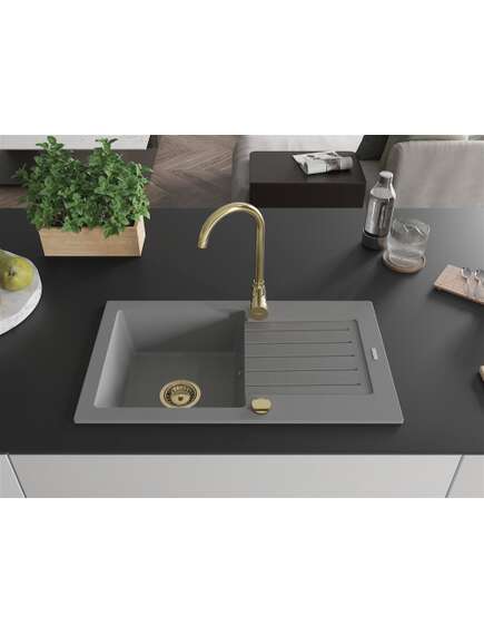 Mexen Pablo zlewozmywak granitowy 1-komorowy z ociekaczem 752 x 436 mm, szary, syfon złoty - 6510751010-71-G, изображение 3