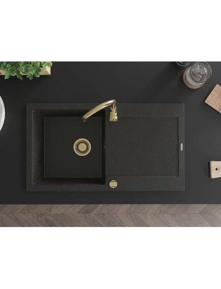 Mexen Leo zlewozmywak granitowy 1-komorowy z ociekaczem 900 x 500 mm, czarny/złoty metalik, syfon złoty - 6501901010-75-G, изображение 4