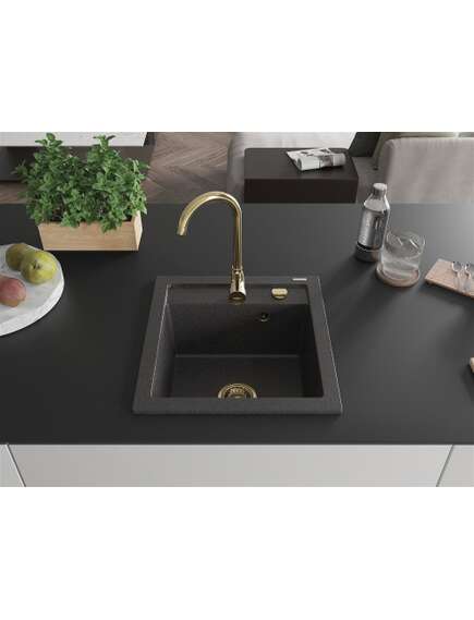 Mexen Vito zlewozmywak granitowy 1-komorowy 520 x 490 mm, czarny nakrapiany, syfon złoty - 6503521000-76-G, изображение 3
