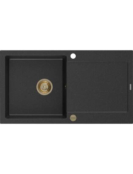 Mexen Leo zlewozmywak granitowy 1-komorowy z ociekaczem 900 x 500 mm, czarny/srebrny metalik, syfon złoty - 6501901010-73-G
