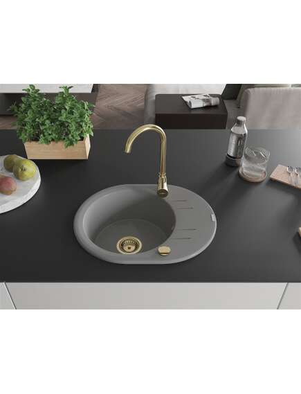 Mexen Kevin zlewozmywak granitowy 1-komorowy z ociekaczem 586 x 458 mm, szary, syfon złoty  - 6517581005-71-G, изображение 3