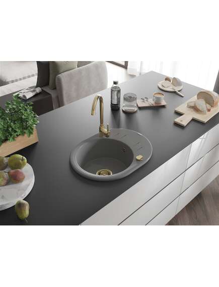 Mexen Kevin zlewozmywak granitowy 1-komorowy z ociekaczem 586 x 458 mm, szary, syfon złoty  - 6517581005-71-G, изображение 2