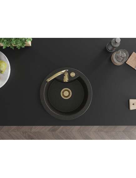 Mexen Diego zlewozmywak granitowy 1-komorowy 488 x 480 mm, czarny/złoty metalik, syfon złoty - 6512481000-75-G, 4 image