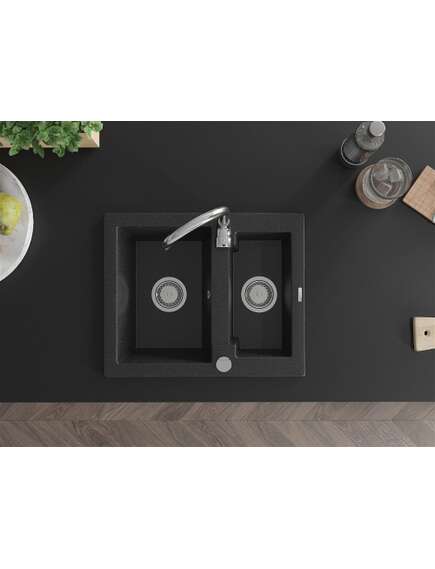 Mexen Carlos zlewozmywak granitowy 1,5-komorowy 582 x 475 mm, czarny/srebrny metalik, syfon chrom - 6518581500-73, изображение 4