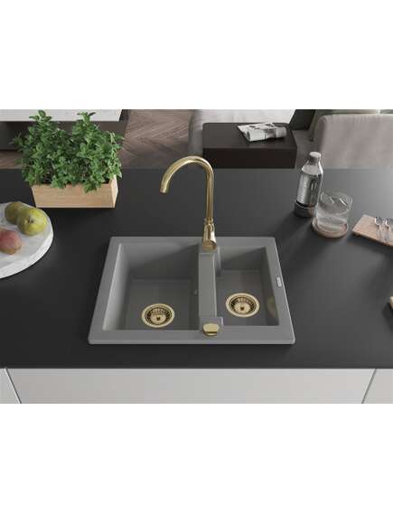 Mexen Carlos zlewozmywak granitowy 1,5-komorowy 582 x 475 mm, szary, syfon złoty - 6518581500-71-G, изображение 3