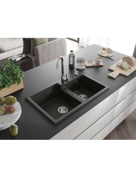 Mexen Tomas zlewozmywak granitowy 2-komorowy 800 x 500 mm, czarny/złoty metalik, syfon chrom - 6516802000-75, изображение 2