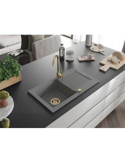 Mexen Pablo zlewozmywak granitowy 1-komorowy z ociekaczem 752 x 436 mm, szary, syfon złoty - 6510751010-71-G, изображение 2