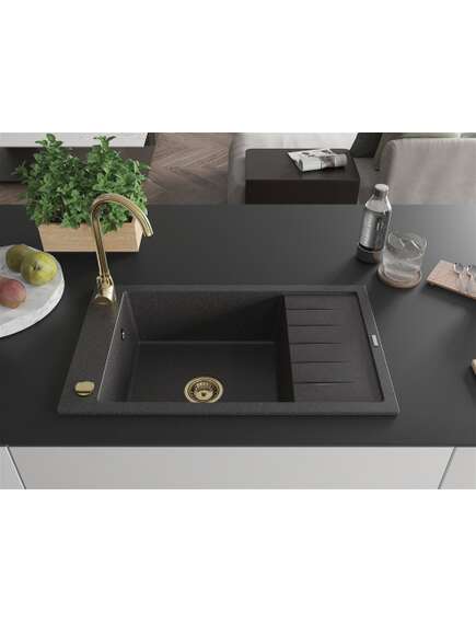 Mexen Elias zlewozmywak granitowy 1-komorowy z ociekaczem 795 x 480 mm, czarny nakrapiany, syfon złoty - 6511791005-76-G, 3 image