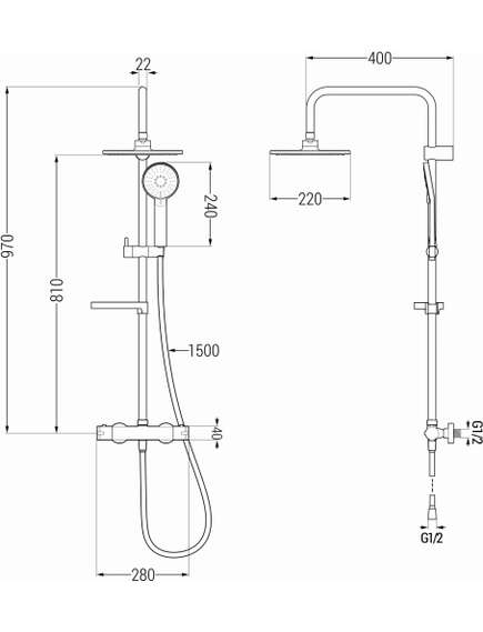 Mexen KX40 zestaw prysznicowy natynkowy z deszczownicą i baterią termostatyczną, czarny - 771504091-70, 2 image