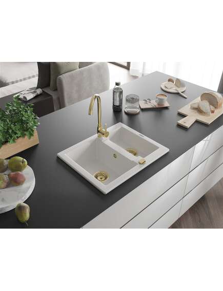 Mexen Carlos zlewozmywak granitowy 1,5-komorowy 582 x 475 mm, biały, syfon złoty - 6518581500-20-G, изображение 2