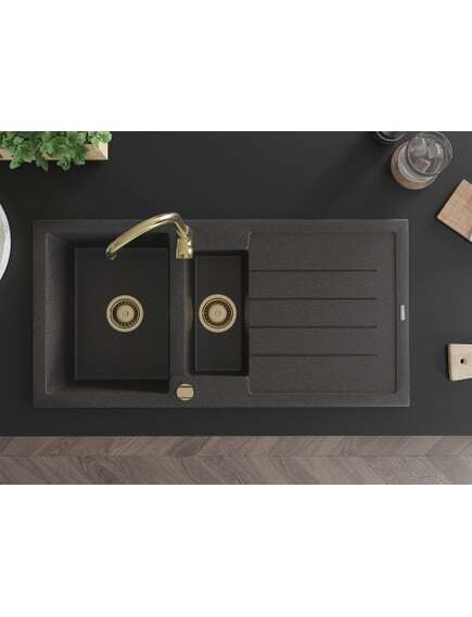 Mexen Andres zlewozmywak granitowy 1,5-komorowy z ociekaczem 1000 x 500 mm czarny nakrapiany, syfon złoty - 6515101510-76-G, 4 image