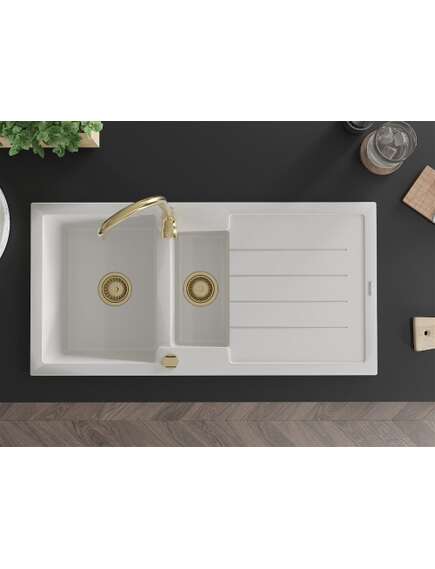 Mexen Andres zlewozmywak granitowy 1,5-komorowy z ociekaczem 1000 x 500 mm, biały, syfon złoty - 6515101510-20-G, изображение 4
