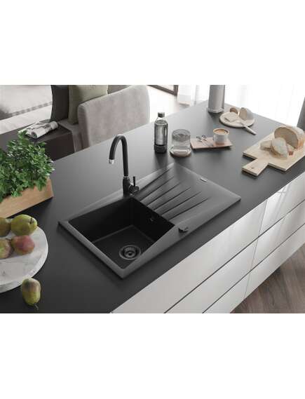 Mexen Cesar zlewozmywak granitowy 1-komorowy z ociekaczem 775 x 470 mm, czarny, syfon czarny - 6514771010-77-B, 2 image