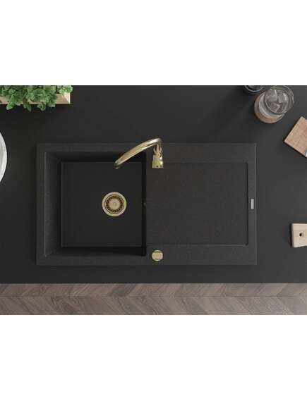 Mexen Leo zlewozmywak granitowy 1-komorowy z ociekaczem 900 x 500 mm, czarny/srebrny metalik, syfon złoty - 6501901010-73-G, изображение 4