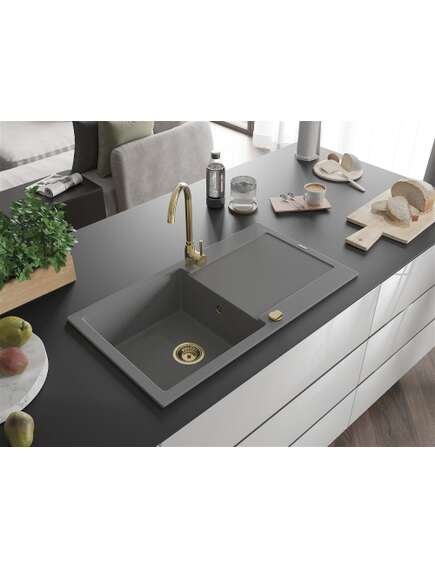 Mexen Leo zlewozmywak granitowy 1-komorowy z ociekaczem 900 x 500 mm, szary, syfon złoty - 6501901010-71-G, изображение 2