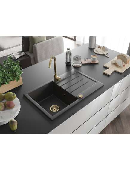 Mexen Bruno zlewozmywak granitowy 1-komorowy z ociekaczem 795 x 495 mm, czarny nakrapiany, syfon złoty - 6513791010-76-G, изображение 2