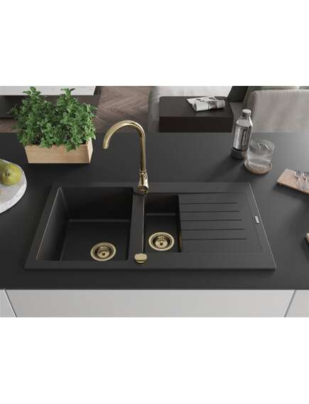 Mexen Matias zlewozmywak granitowy 1,5-komorowy z ociekaczem 900 x 505 mm, czarny, syfon złoty - 6502901505-77-G, изображение 3
