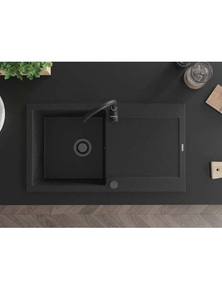Mexen Leo zlewozmywak granitowy 1-komorowy z ociekaczem 900 x 500 mm, czarny/srebrny metalik, syfon czarny - 6501901010-73-B, изображение 4