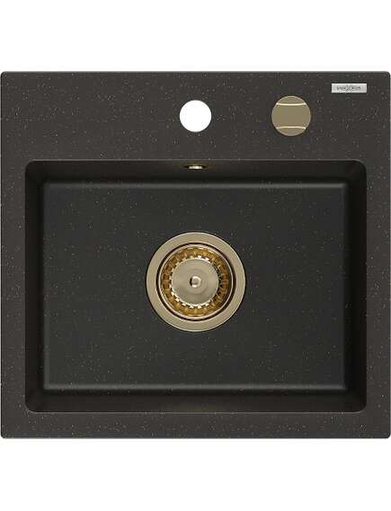 Mexen Milo zlewozmywak granitowy 1-komorowy 435 x 410 mm,  czarny/złoty metalik, syfon złoty - 6505441000-75-G