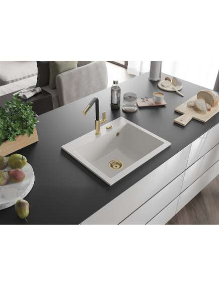 Mexen Oscar zlewozmywak granitowy 1-komorowy 580 x 490 mm, biały, syfon złoty - 6519581000-20-G, изображение 2