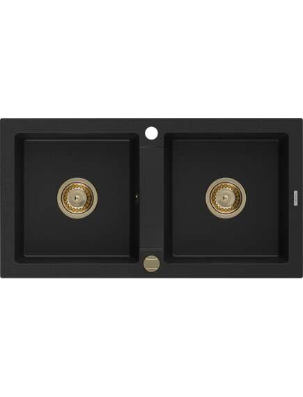 Mexen Mario zlewozmywak granitowy 2-komorowy 820 x 436 mm, czarny, syfon złoty - 6504822000-77-G