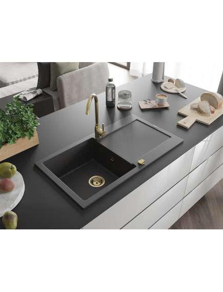 Mexen Leo zlewozmywak granitowy 1-komorowy z ociekaczem 900 x 500 mm, czarny nakrapiany, syfon złoty - 6501901010-76-G, изображение 2