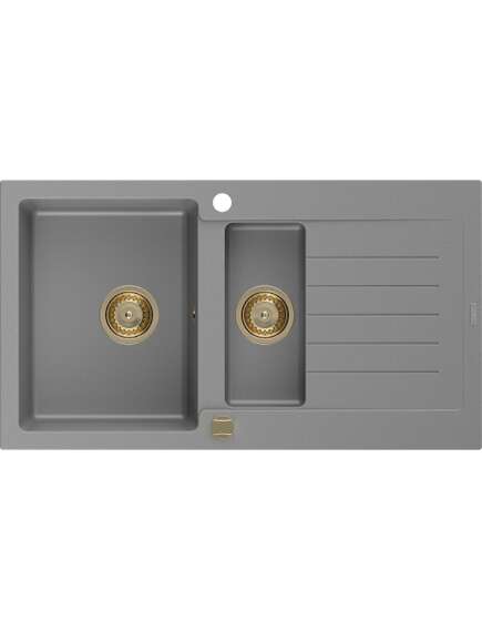 Mexen Matias zlewozmywak granitowy 1,5-komorowy ociekaczem 900 x 505 mm, szary, syfon złoty - 6502901505-71-G