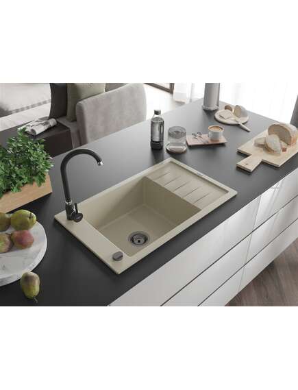 Mexen Elias zlewozmywak granitowy 1-komorowy z ociekaczem 795 x 480 mm, beżowy, syfon czarny - 6511791005-69-B, изображение 2