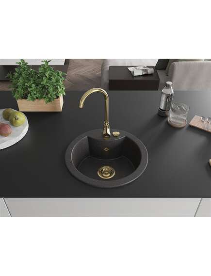 Mexen Diego zlewozmywak granitowy 1-komorowy 488 x 480 mm,  czarny nakrapiany, syfon złoty - 6512481000-76-G, изображение 3