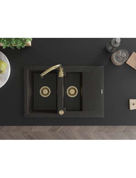 Mexen Gaspar zlewozmywak granitowy 1,5-komorowy z ociekaczem 737 x 475 mm, czarny/złoty metalik, syfon złoty - 6507731505-75-G, 4 image