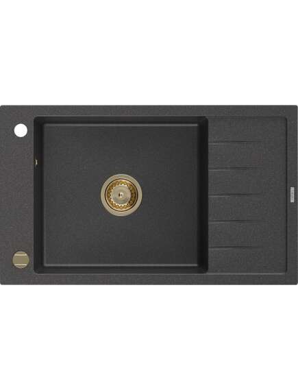 Mexen Elias zlewozmywak granitowy 1-komorowy z ociekaczem 795 x 480 mm, czarny nakrapiany, syfon złoty - 6511791005-76-G