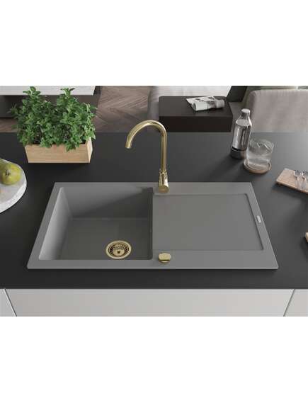 Mexen Leo zlewozmywak granitowy 1-komorowy z ociekaczem 900 x 500 mm, szary, syfon złoty - 6501901010-71-G, изображение 3