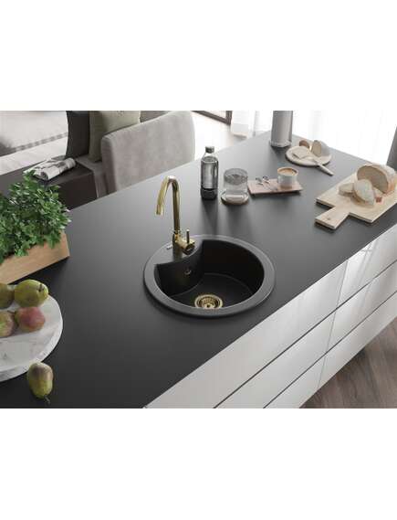 Mexen Diego zlewozmywak granitowy 1-komorowy 488 x 480 mm, czarny, syfon złoty - 6512481000-77-G, изображение 2