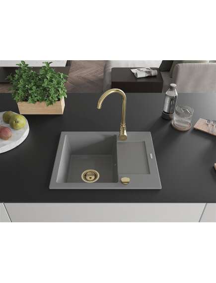 Mexen Enzo zlewozmywak granitowy 1-komorowy z ociekaczem 576 x 465 mm, szary, syfon złoty - 6506571005-71-G, изображение 3