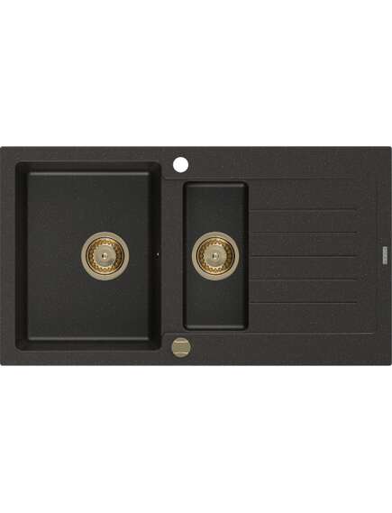 Mexen Matias zlewozmywak granitowy 1,5-komorowy z ociekaczem 900 x 505 mm, czarny/złoty metalik, syfon złoty - 6502901505-75-G