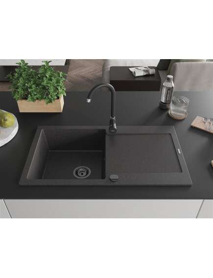 Mexen Leo zlewozmywak granitowy 1-komorowy z ociekaczem 900 x 500 mm, czarny nakrapiany, syfon czarny - 6501901010-76-B, изображение 3